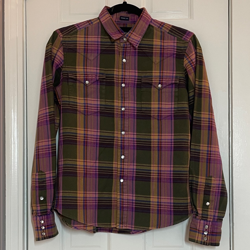 Ralph Lauren, Purple & Green, Western Flannel, Pearl Snaps, Skinny Fit, Size 8